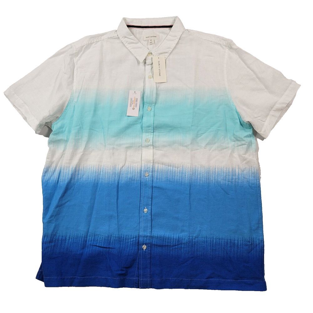 Sun+Stone Linen Dip-Dye Shirt Mens‎ 2XL Blue Combo Rafferty Short-Sleeve NEW